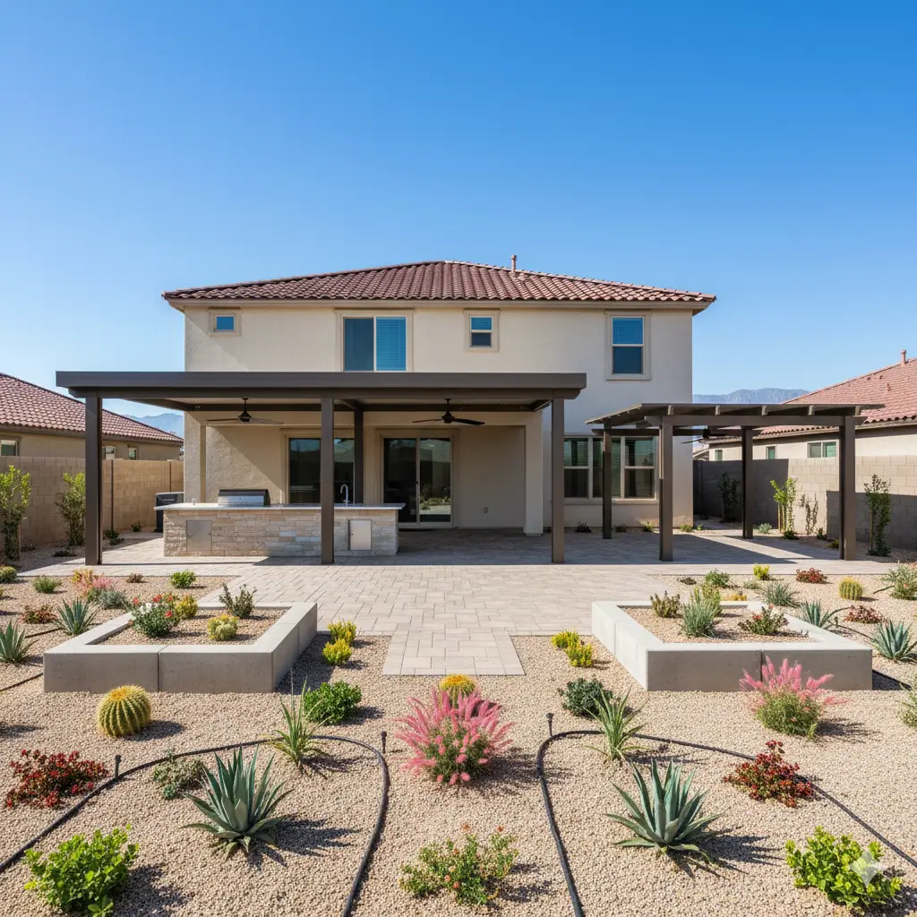 Cedar pergola over a desert-landscaped patio installed by TJ Landscape in Phoenix