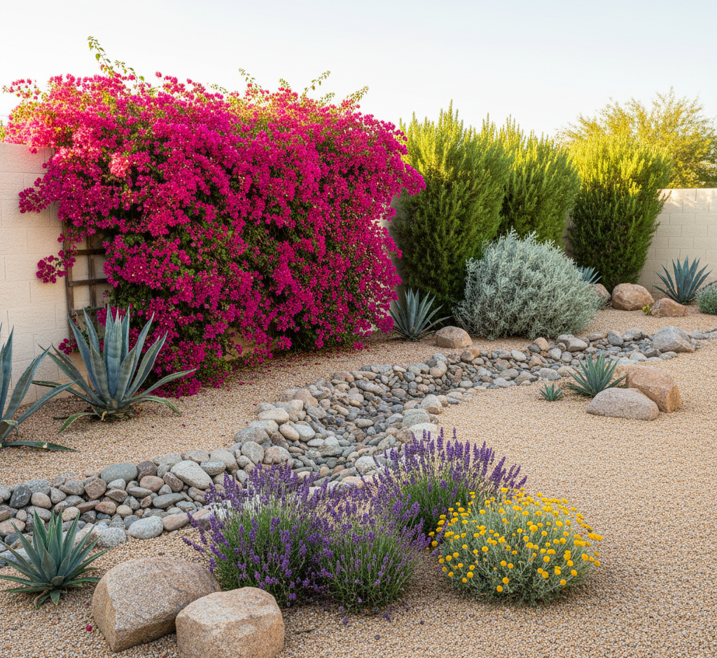 Arizona Desert Rock and Rip-rap river bed after installationby TJ Landscape in Paradise Valley Arizona